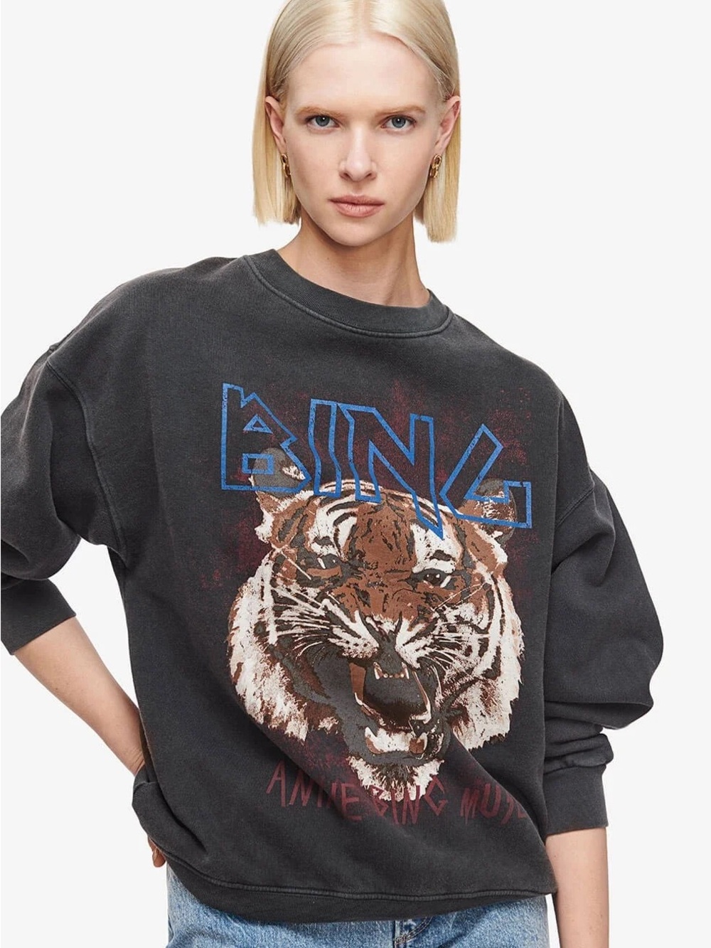 Anine Bing Washed Black Tiger Graphic Crewneck - Picture 1 of 4
